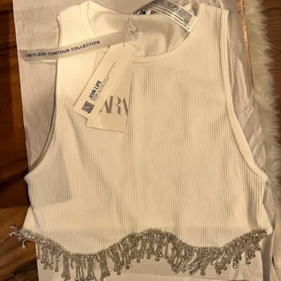 Zara Seamless Rhinestone Crop Top White Sz XS-S , M-L NWT - Picture 15 of 15